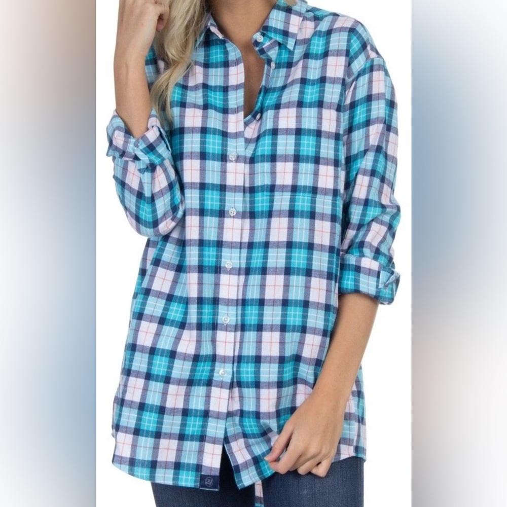 Lauren James Womens L Blue White Plaid Long Sleeve Button-Down Top Cabincore